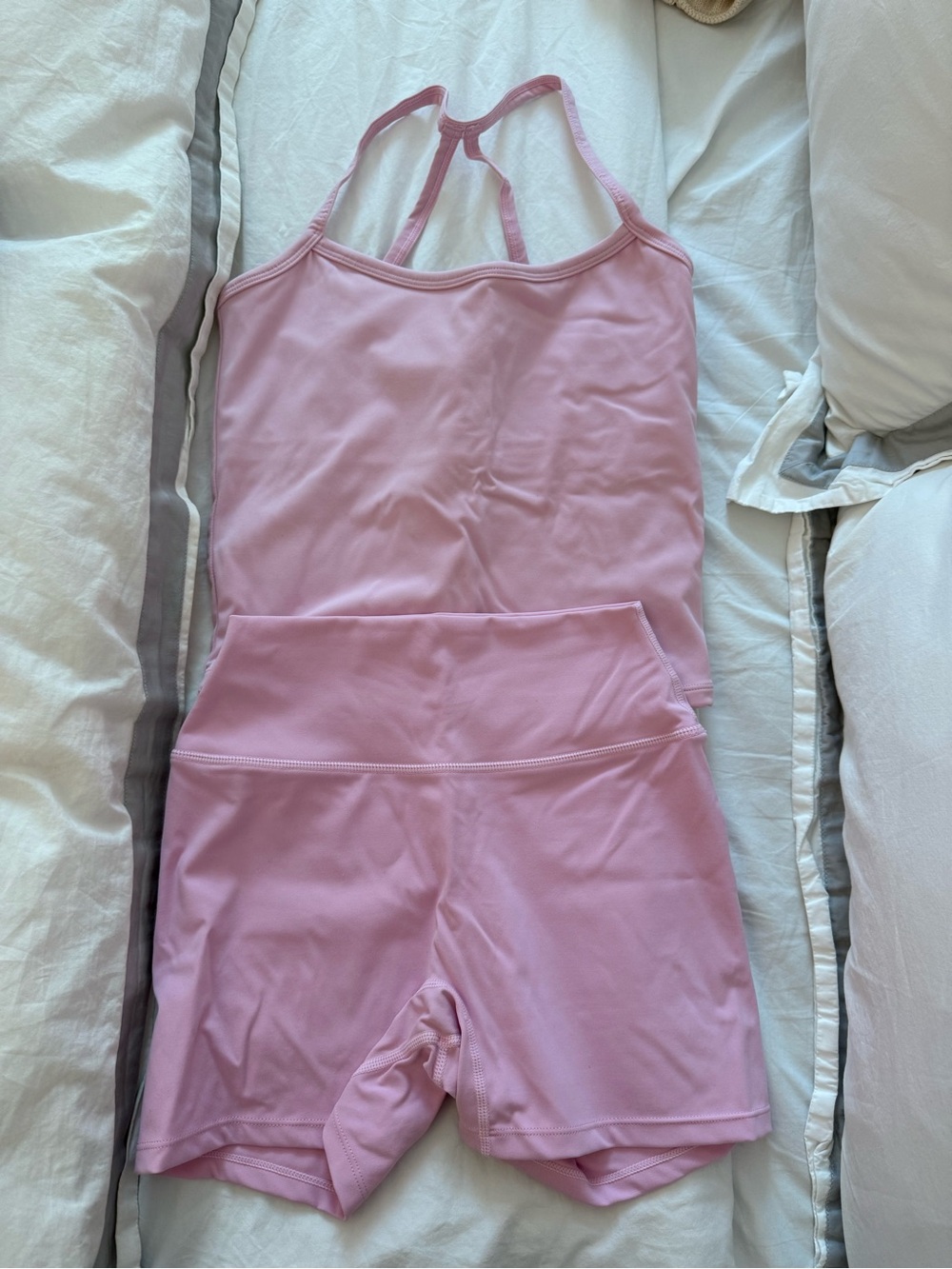Amazon Basics Pink Racerback Bodysuit-Style Active Top and High-Waist Shorts Set